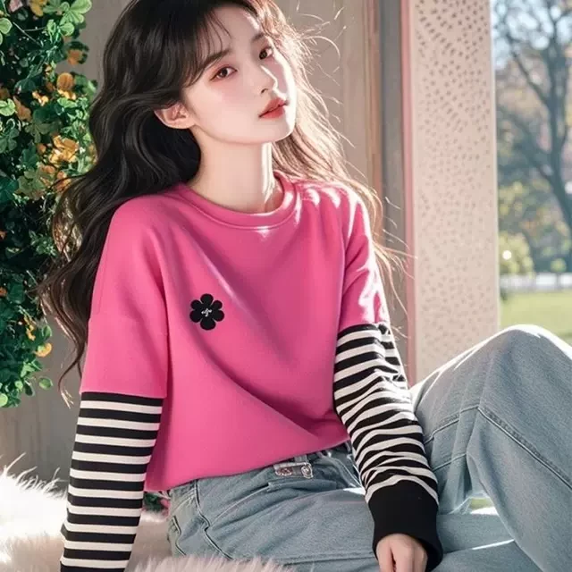 多巴胺玫红色条纹假两件长袖T恤女2025早春新款小众内搭打底上衣