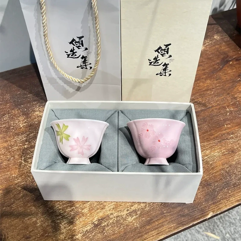 惊蛰 粉紫手绘樱花功夫茶杯高足主人杯陶瓷家用女士茶具品茗杯