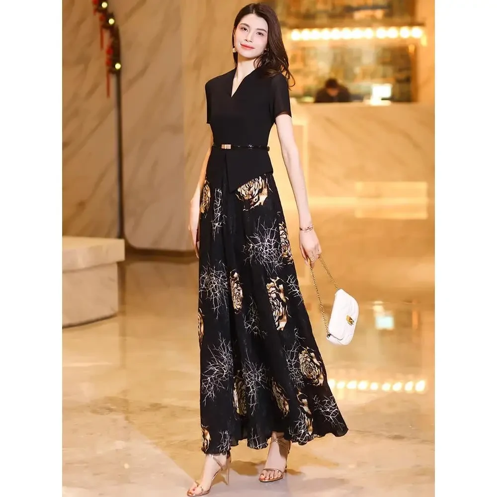 假两件雪纺连衣裙夏2025新款时尚气质修身显瘦到脚踝大摆长裙