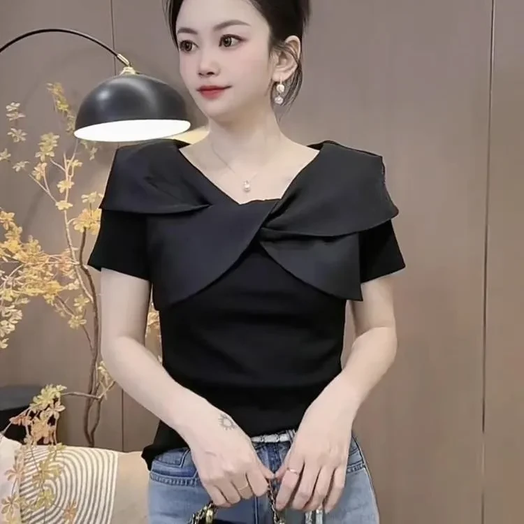 法式气质设计感网纱拼接短袖T恤女2025夏季新款洋气时髦减龄上衣