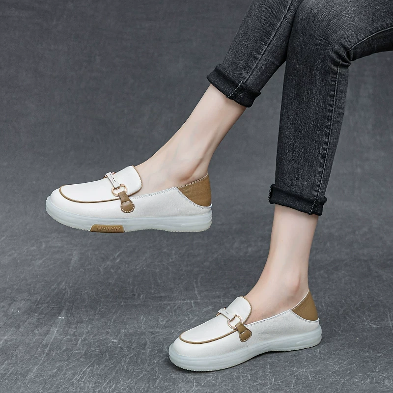 浅口小白鞋女乐福鞋2025新款夏季舒适真皮软底孕妇一脚蹬休闲单鞋