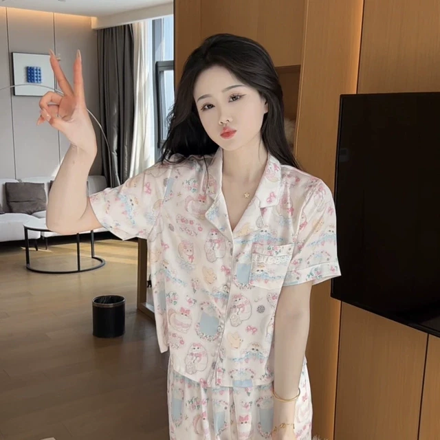 可爱猫咪短袖冰丝睡衣女甜美减龄夏季新款休闲家居服三件套可外穿