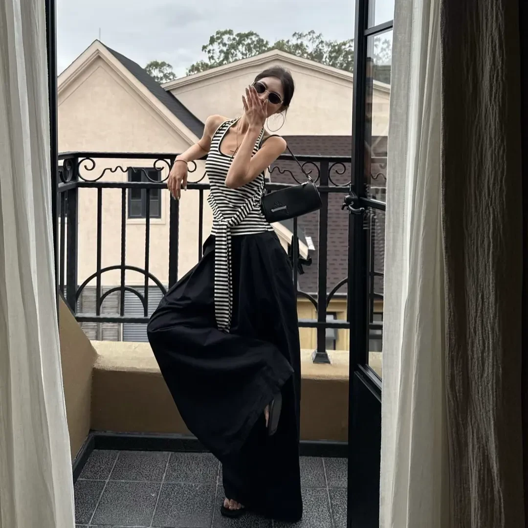 复古韩系条纹挂脖背心女夏季飘带内搭外穿设计感露背性感紧身上衣