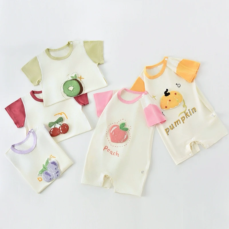 新生婴儿夏季短袖连体衣轻薄透气哈衣可爱外出服薄款男女宝宝爬服