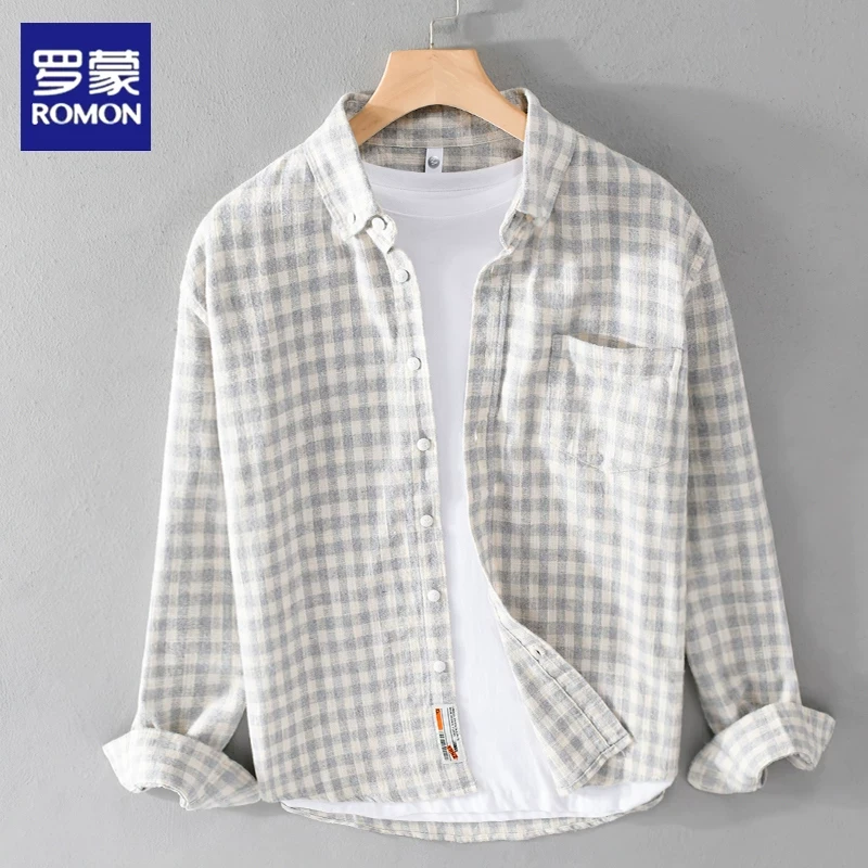 罗蒙男士格子长袖衬衫日系休闲宽松上衣服春秋季磨毛衬衣春装外套