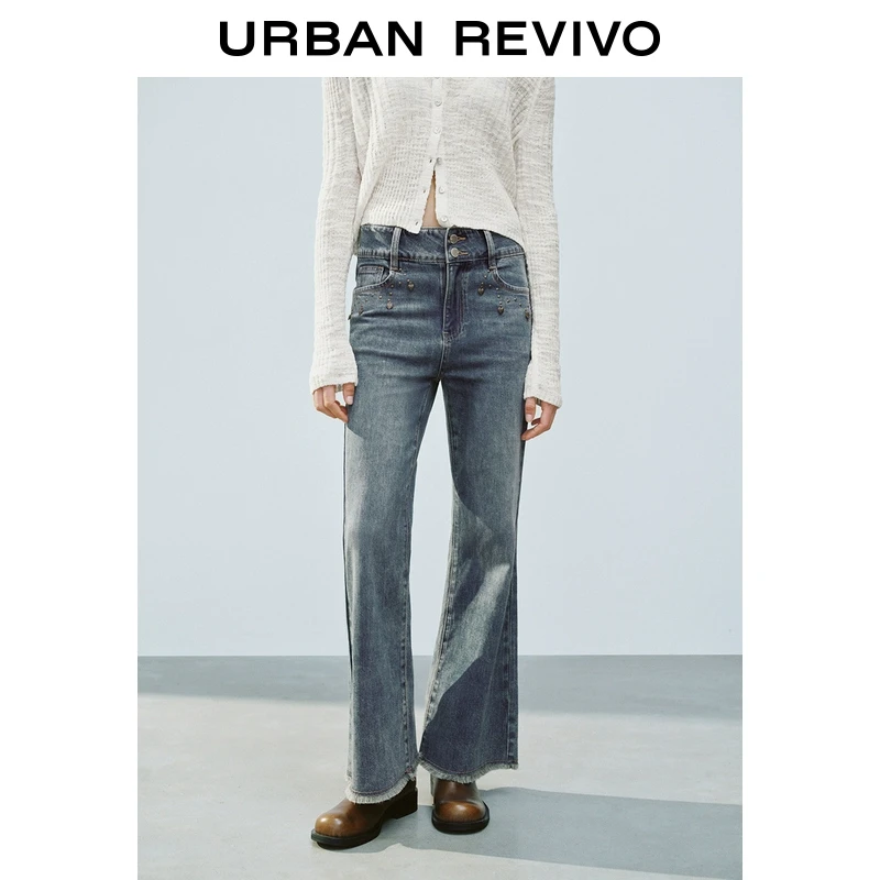 UR2025夏季钉珠饰微喇牛仔裤女装新款复古休闲时尚长裤UYL850087