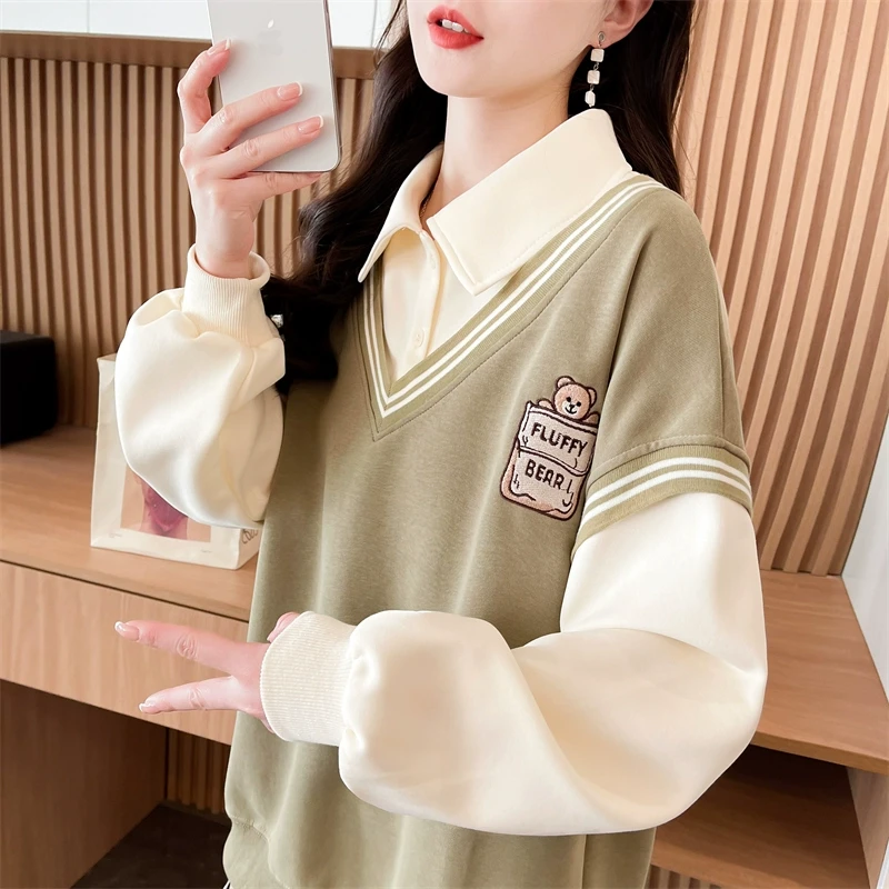 polo领卫衣女2025新款春秋韩版宽松大码薄款学生假两件上衣外套