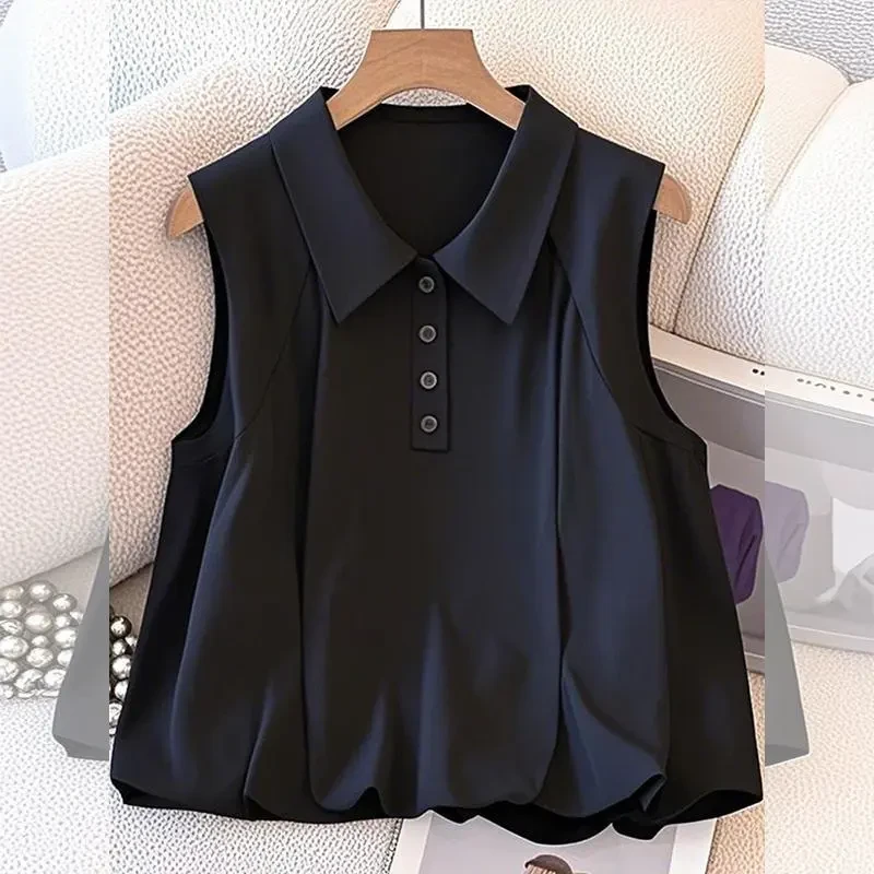 黑色翻领无袖坎肩小衫背心女2025夏季新款衬衫露肩设计感短款上衣
