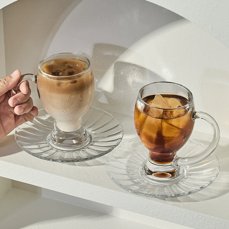 高档精致咖啡杯子女士玻璃咖啡杯碟高颜值透明拿铁卡布奇诺杯子