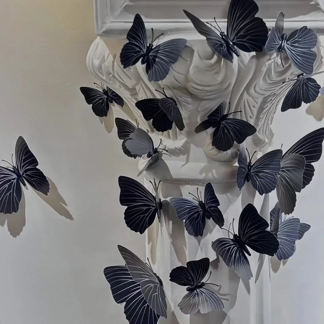 黑色立体仿真蝴蝶墙贴墙壁12只套装磁铁配胶装饰品ins风3d墙贴