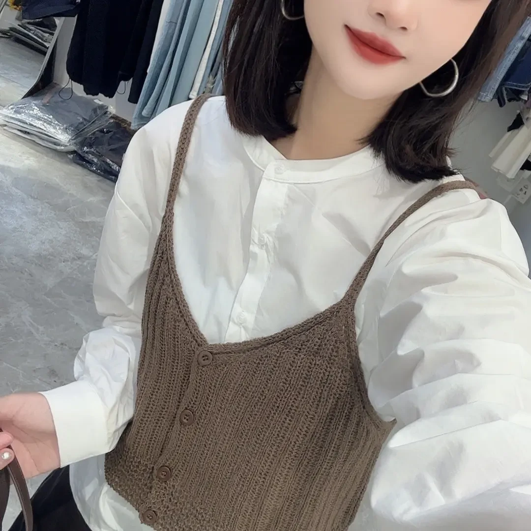早秋季韩系圆领长袖衬衫搭配短款针织吊带背心套装女