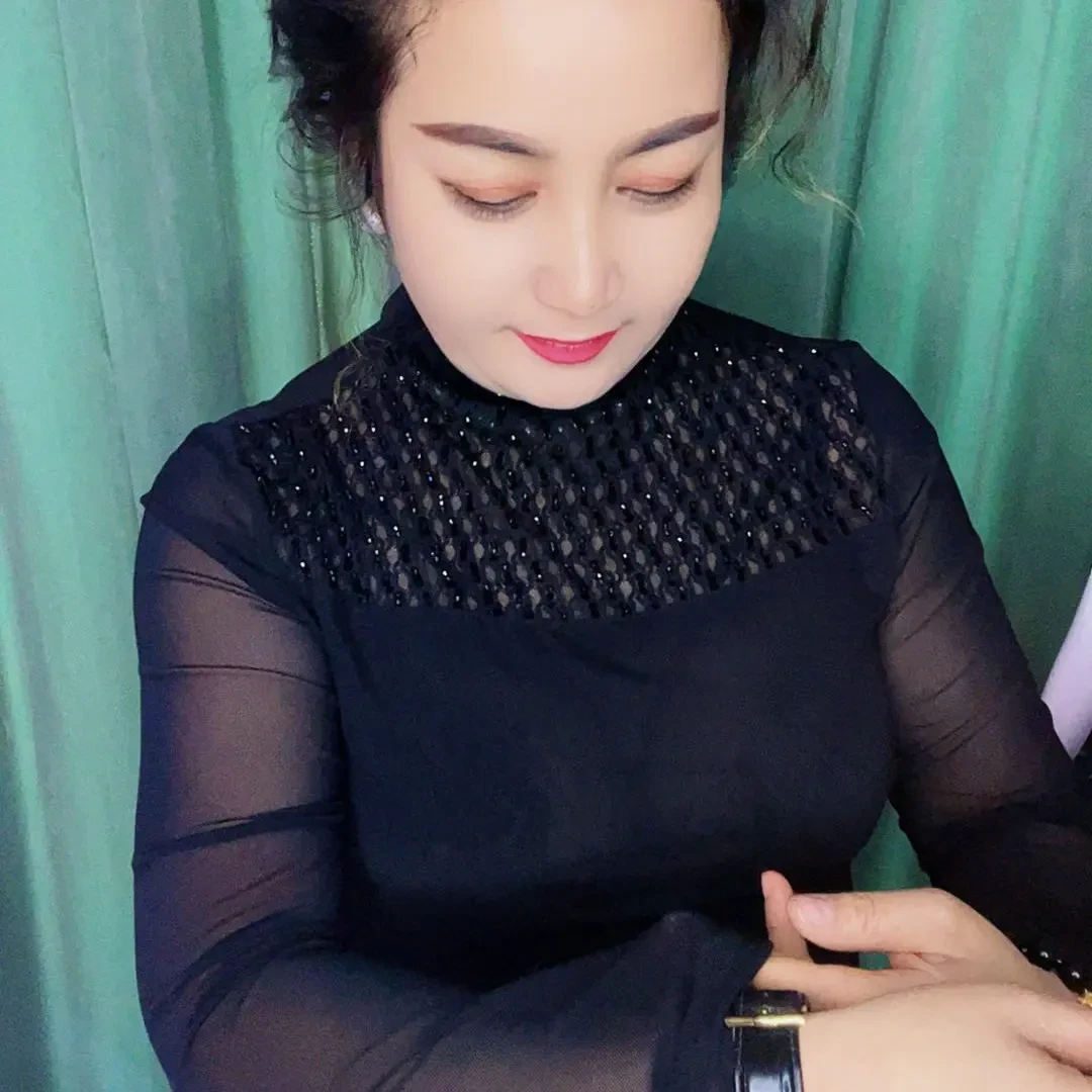 半高领T恤夏季拼接纱网长袖打底衫修身型女蕾丝衫