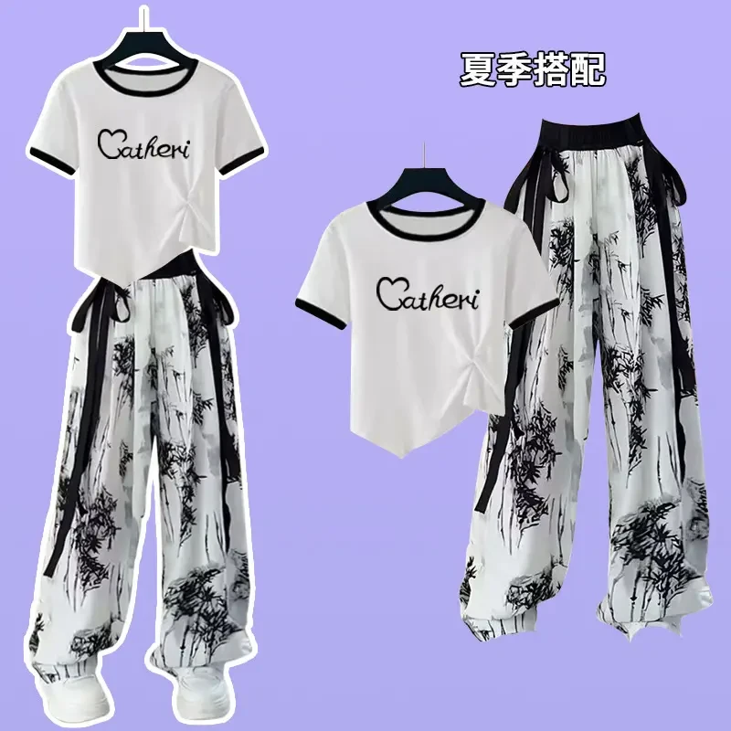 【国风设计】女童女孩夏季套装短袖洋气中大童新国风裤高腰阔腿裤