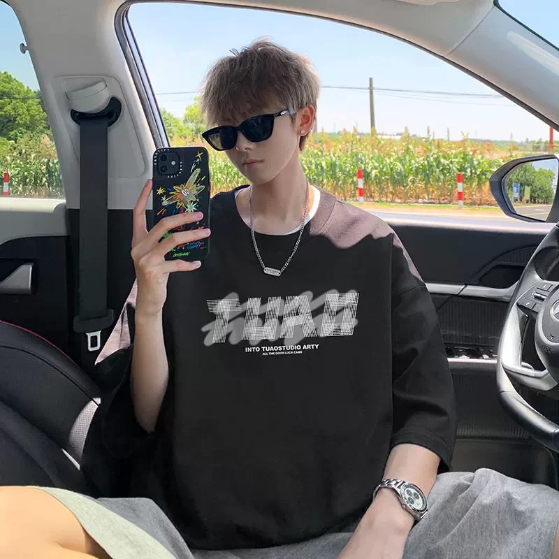 2025新款短袖t恤男春季纯棉重磅上衣潮流宽松高级感半袖圆领体恤