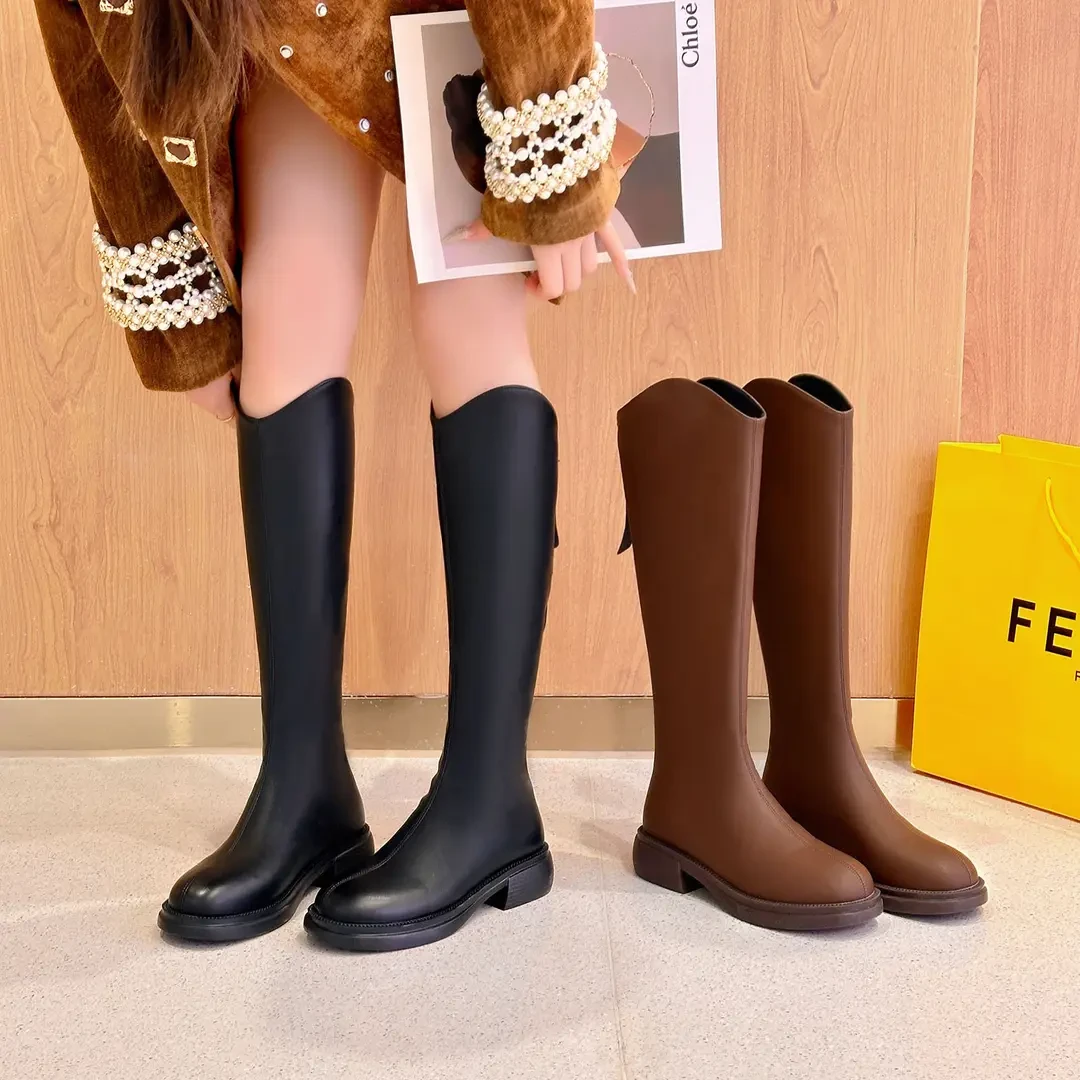 长筒靴女秋冬2024新款不过膝后拉链V口矮个子百搭高筒英伦风长靴