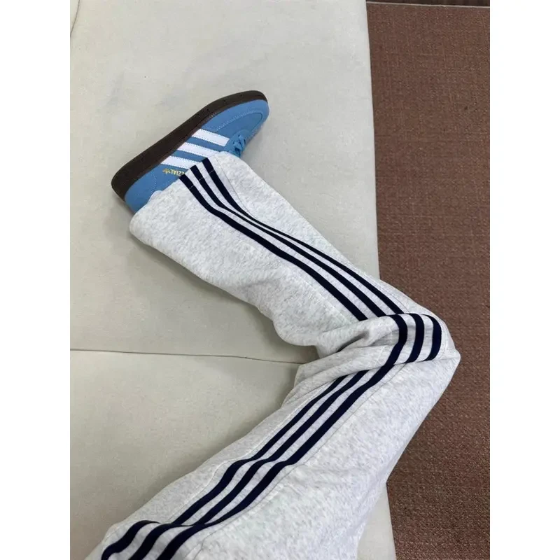 白花灰色三条杠裤子男秋季宽松直筒运动卫裤高腰重磅条纹休闲长裤