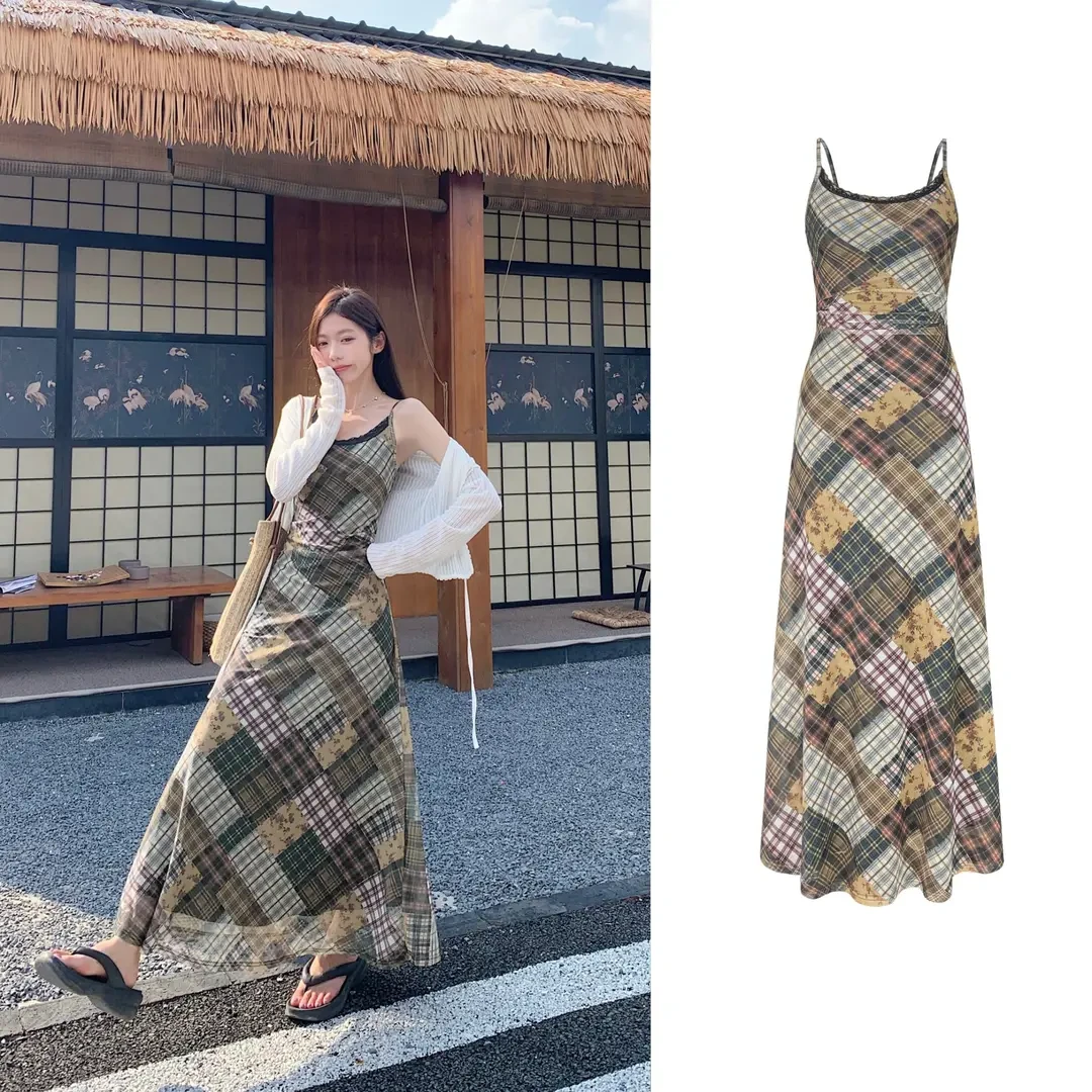 【解构主义】复古裙子吊带蕾丝拼接碎花高腰连衣裙修身时尚C  8709#