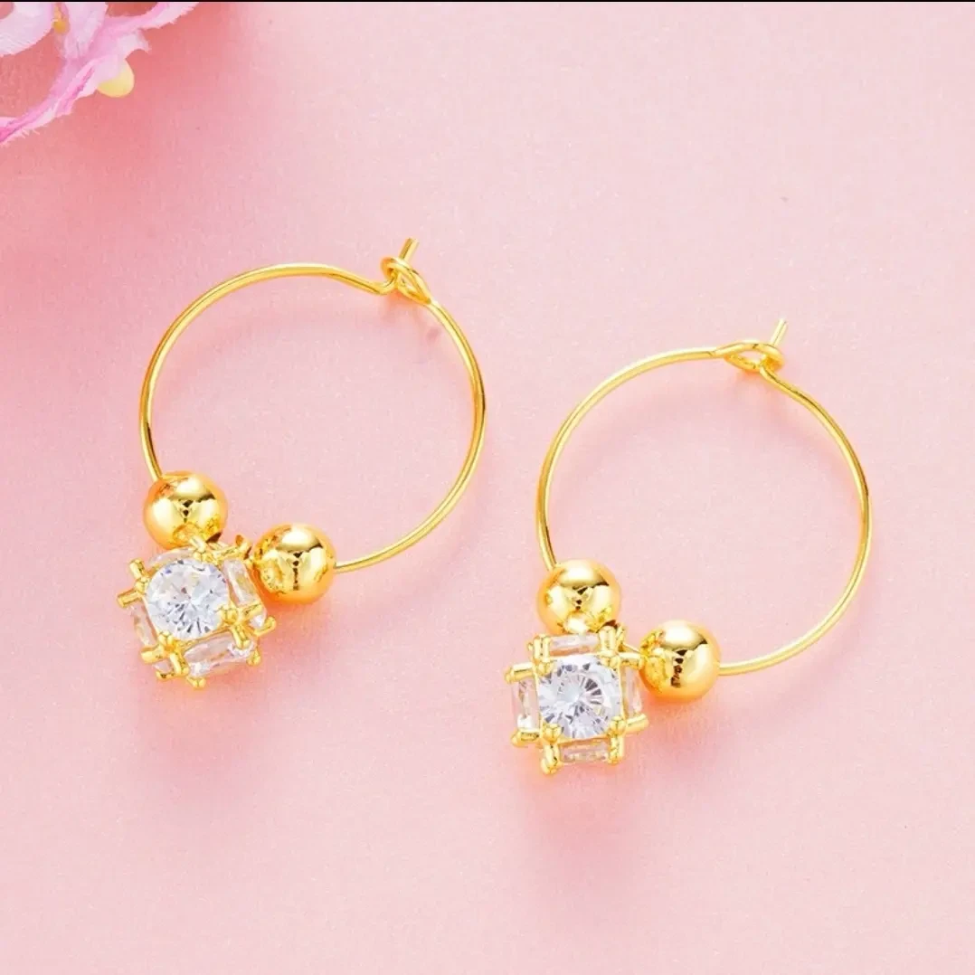 铜合金合成锆石耳饰  精致金色【正方体满镶锆石耳圈】时尚气质百搭