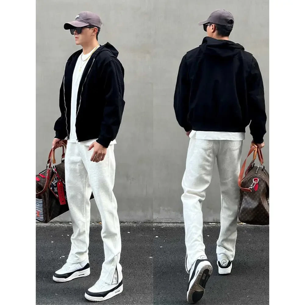 花灰色美式健身潮牌卫裤男款春季窄版直筒微喇裤子侧拉链休闲长裤