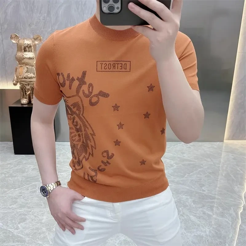 2025欧货轻奢男士针织冰丝短袖T恤时尚百搭夏季半袖上衣烫钻潮010