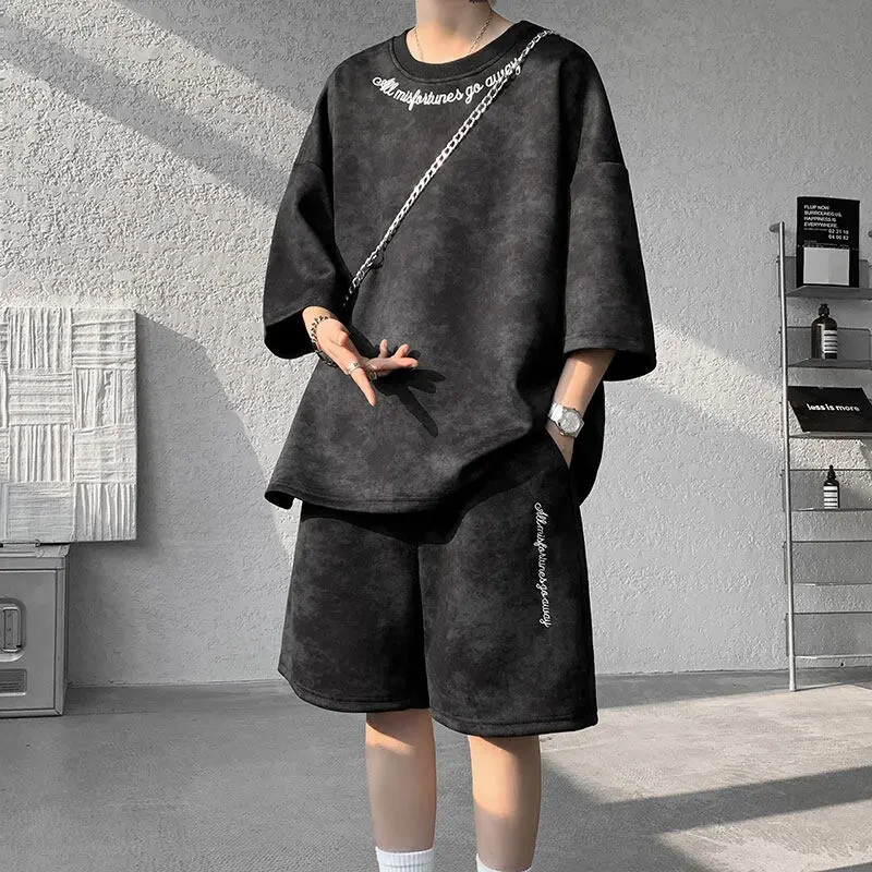 港风ins扎染刺绣运动男士夏装套装休闲宽松五分袖百搭时尚两件套