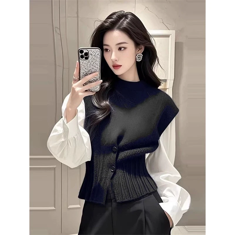 春秋装搭配一整套装女大码胖mm针织马甲衬衫高级独特减龄叠穿上衣