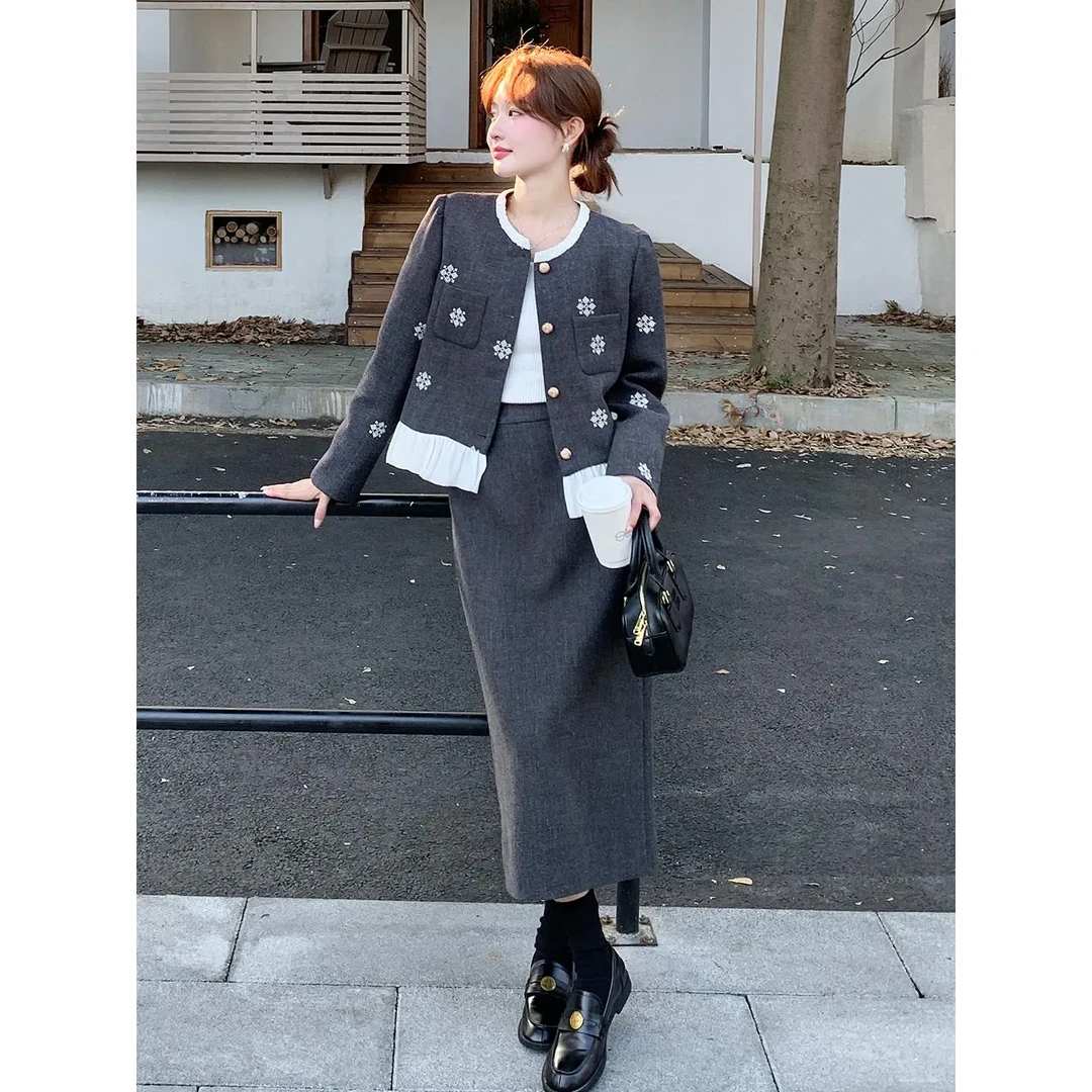 chic韩系气质名媛风套装裙女2025春秋灰色小香风外套半身裙两件套