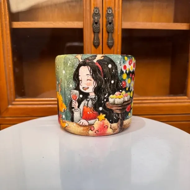 透气手工釉烧手绘陶瓷多肉花盆口径6.5外高8