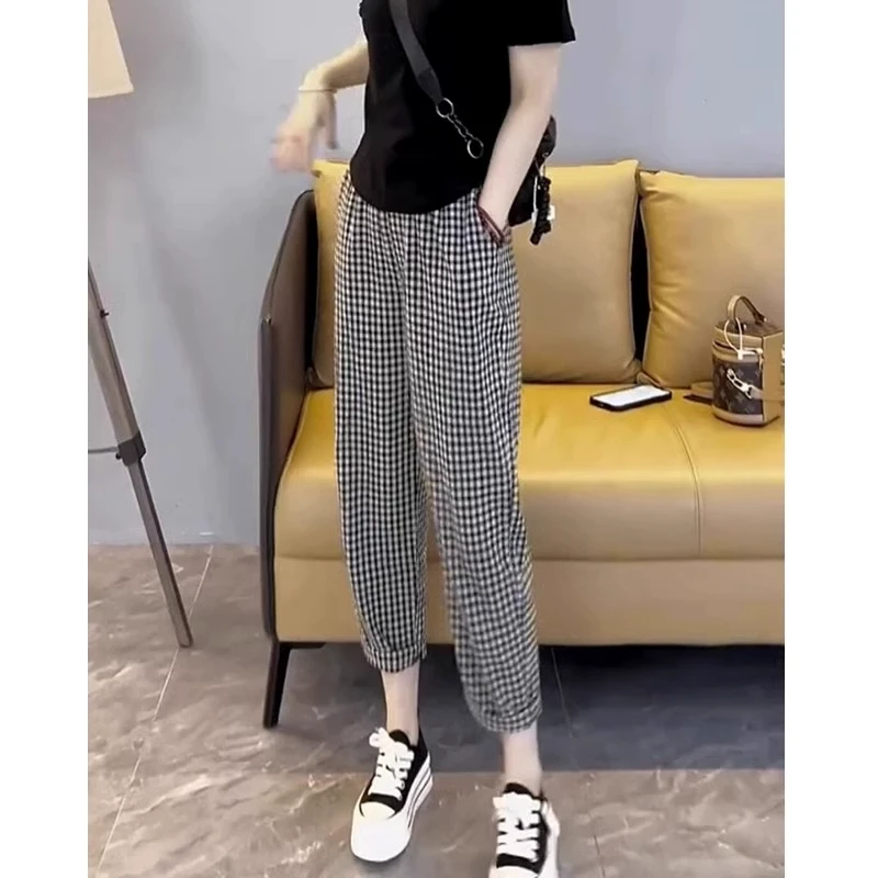 格子裤女小个子春夏2026新款欧货时尚宽松显瘦哈伦阔腿九分休闲裤