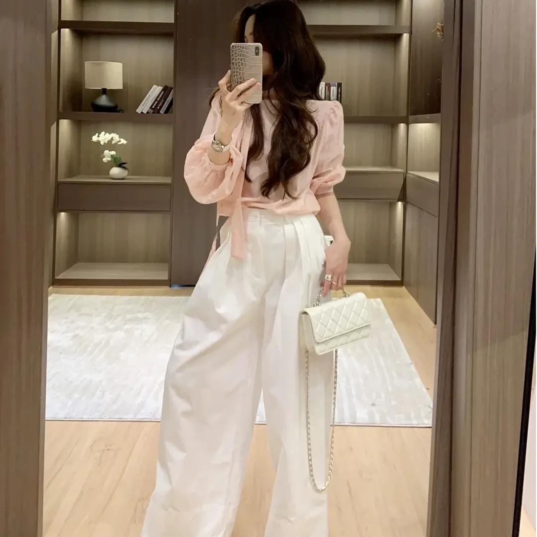 4363+4201春季洋气甜美减龄泡泡袖上衣百搭阔腿裤粉色两件套