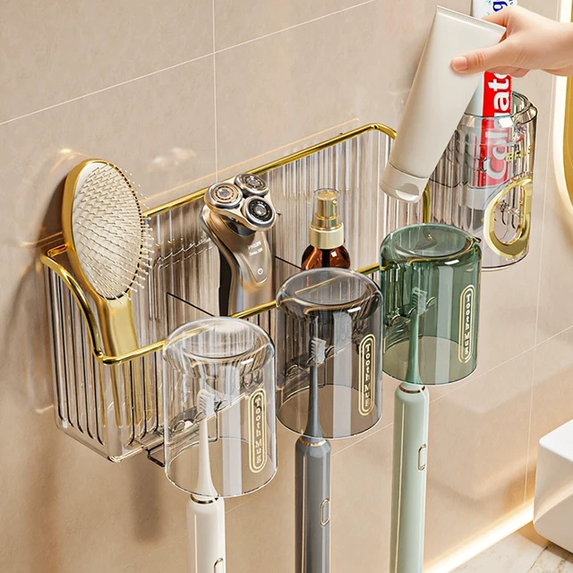 牙刷置物架架子牙膏刷牙杯漱口杯免打孔壁挂式卫生间家庭一家三口