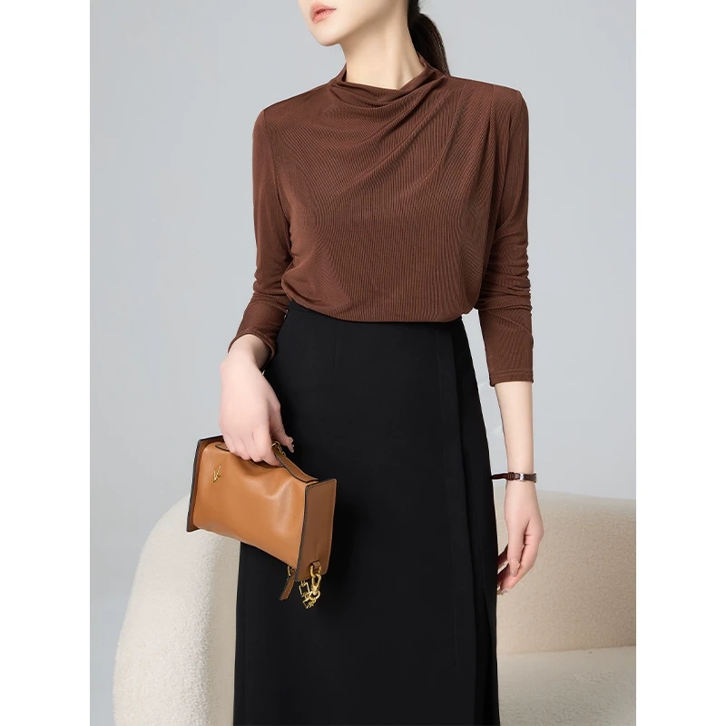 老敏哥【包裹的温柔】进口醋酸半高领褶皱长袖针织上衣S01316697