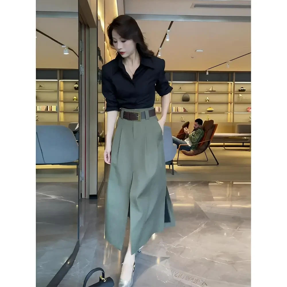 开春御姐穿搭套装时尚通勤百搭长袖衬衫设计感开叉半身裙女两件套