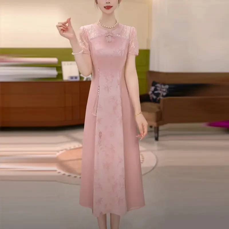 冰桑提花缎新中式旗袍2025夏季新款时尚高档精致蕾丝优雅连衣裙子