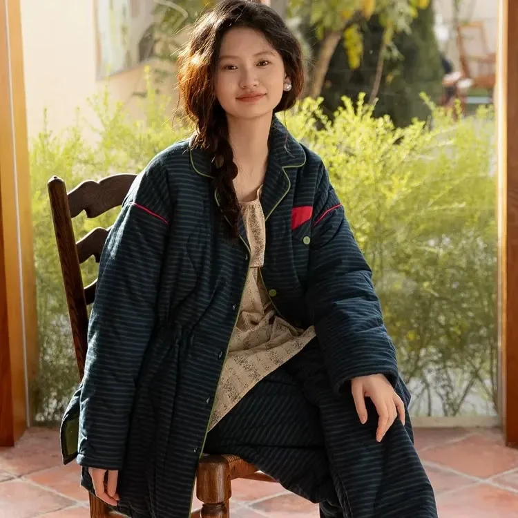 族玛士女士秋冬三层夹棉保暖简约条纹睡衣套装