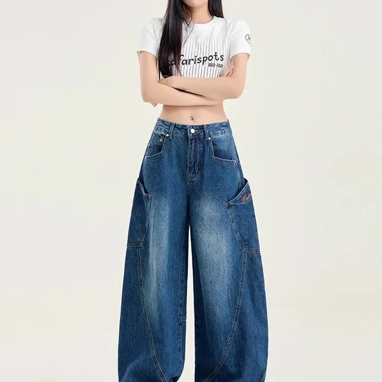 复古蓝高腰工装弯刀牛仔裤女宽松垂感显瘦百搭阔腿拖地裤