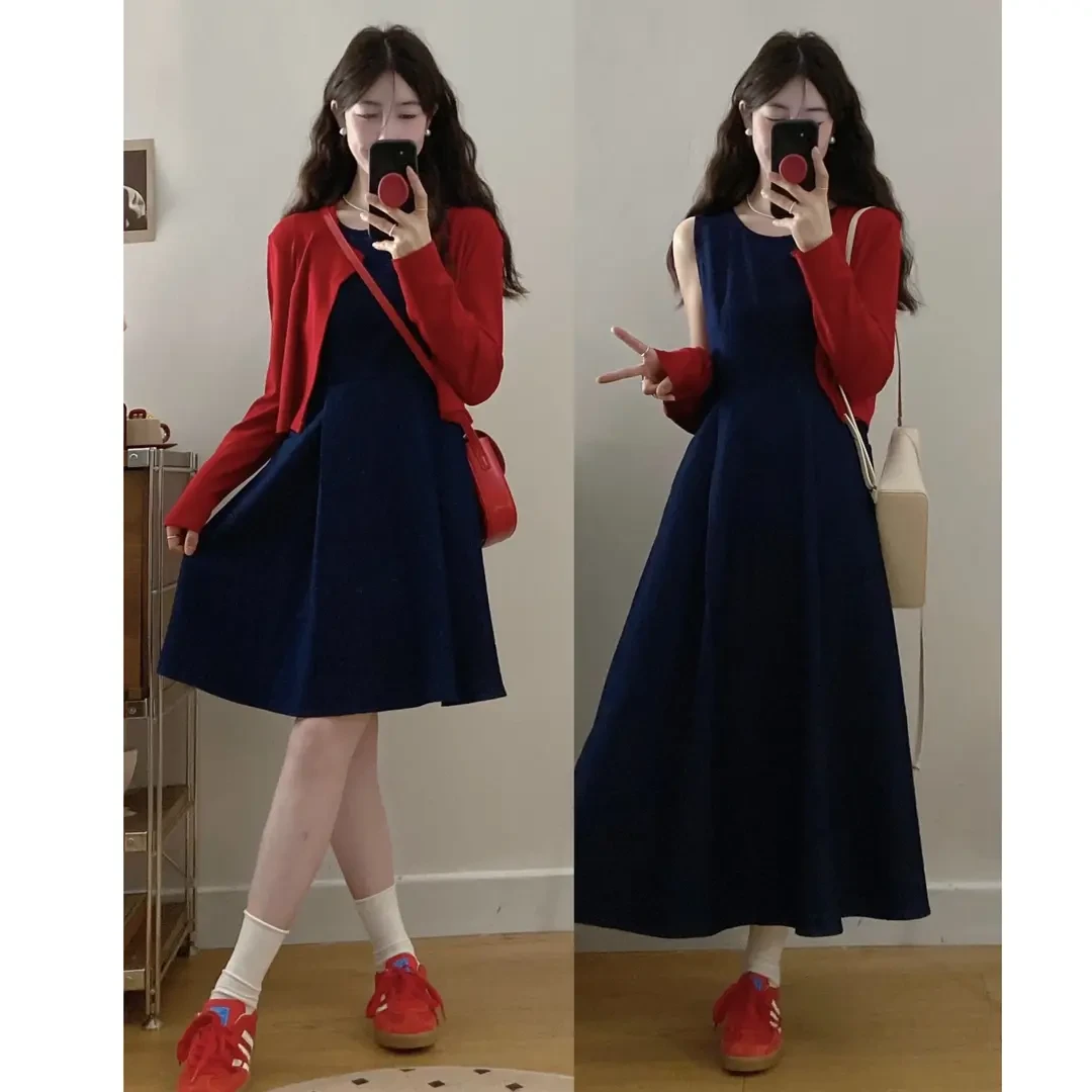 大码女装2025早春新款气质复古收腰牛仔连衣裙 开衫两件套