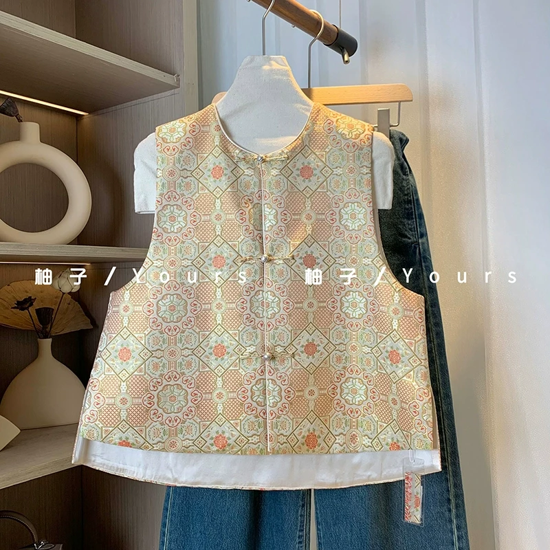 柚子yours【如意牡丹】早春新品陆美英织金四重纬宋锦足银扣马甲