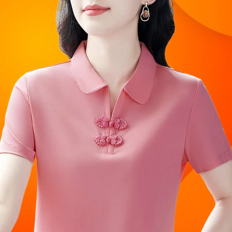 t恤女夏季妈妈冰丝运动polo衫女宽松新中式中老年百搭好看上衣潮