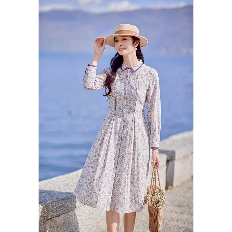 紫色碎花连衣裙女设计感春装流光风新款女装收腰显瘦气质裙子