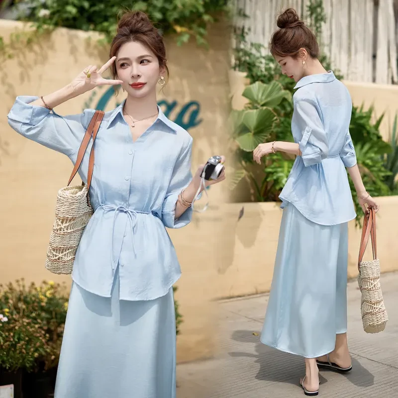 韩系收腰衬衫套装裙女2025年夏季新款高级感时髦气质吊带裙两件套