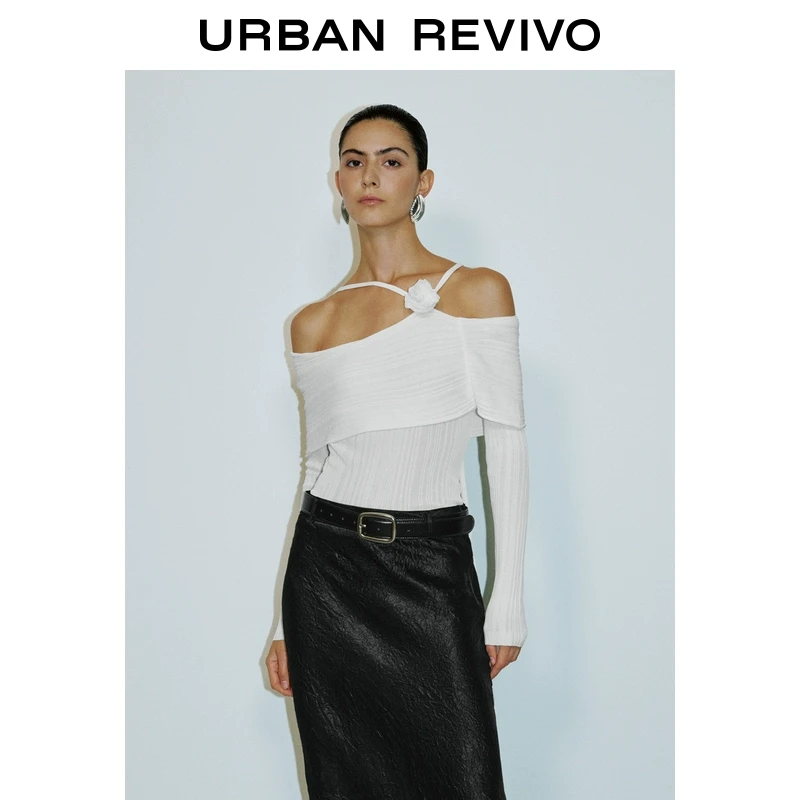 UR2025秋季新款女装气质一字领系带长袖针织衫UWG950120