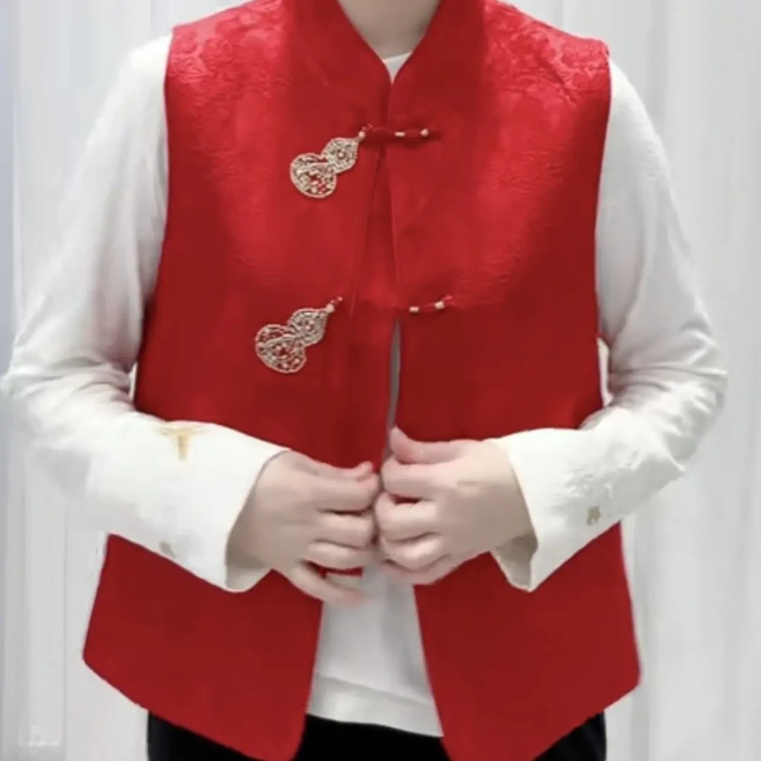 红色新中式葫芦提花立领百搭无袖马甲