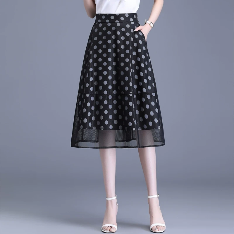 波点网纱半身裙女夏季2025新款高腰a字裙时尚显瘦中长款休闲伞裙