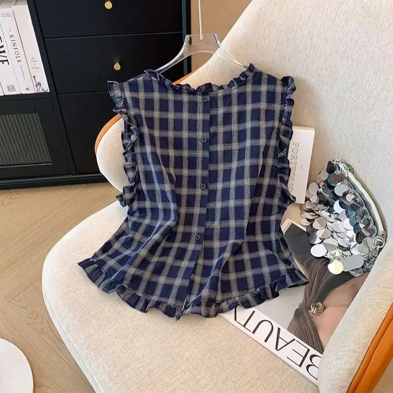 2025韩版气质复古夏季显瘦格子印染千鸟格格纹无袖薄款衬衫荷叶边