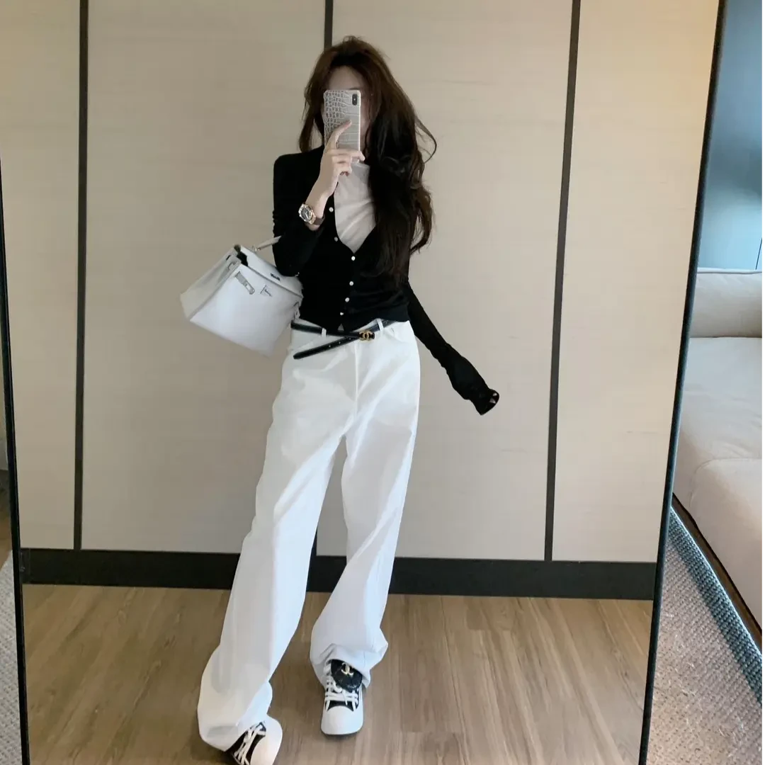 纯欲慵懒风女装巨好看辣妹撞色假两件上衣长袖T恤秋季新款休闲裤