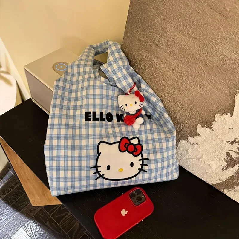 卡通KT猫格子帆布包2025新款可爱休闲单肩包手提通勤包百搭包A986