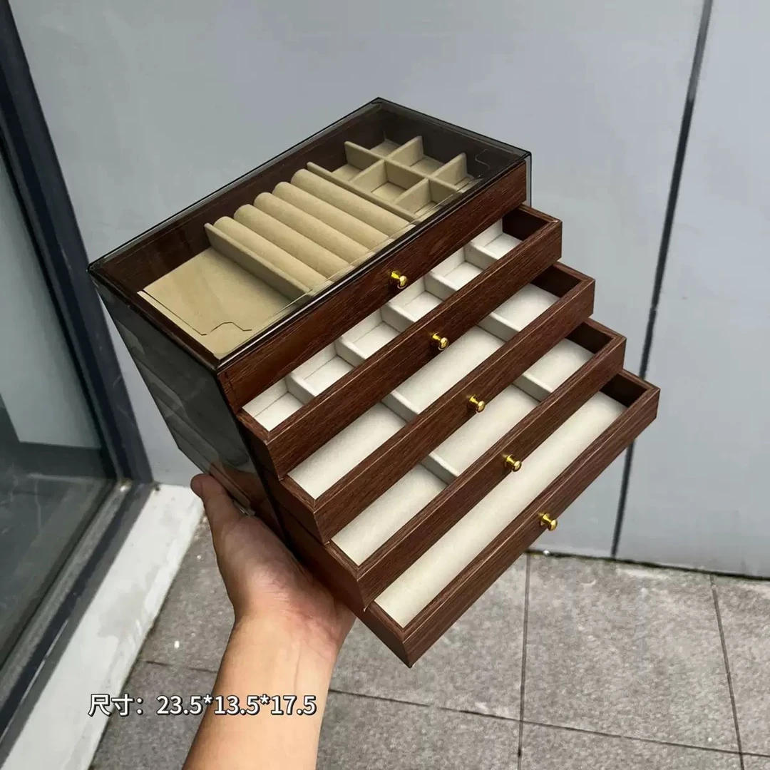 直销 多层高档胡桃木纹五层项链手链戒指耳环饰品收纳木质首饰盒