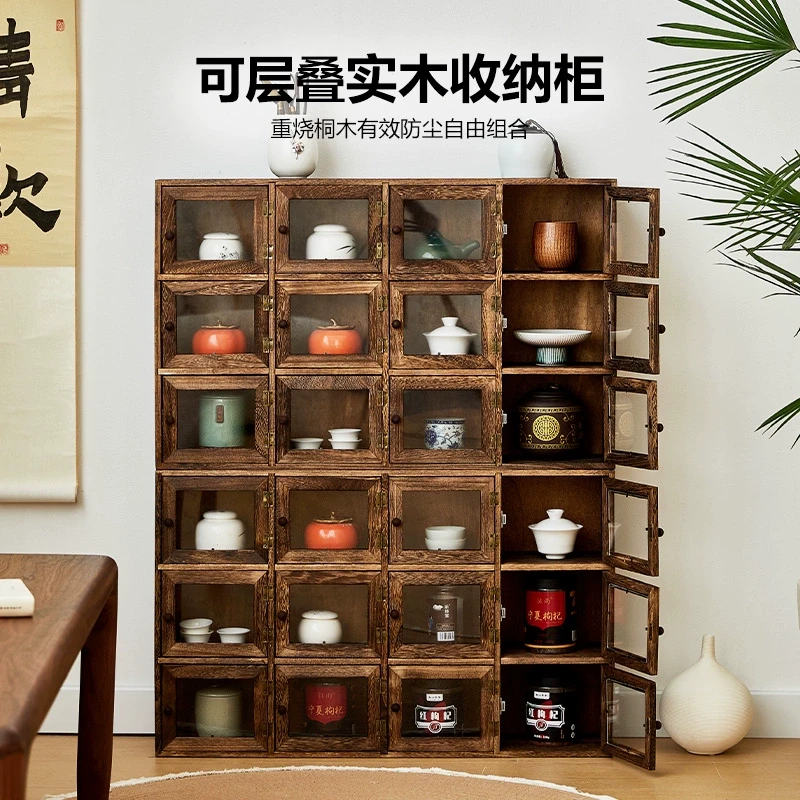 实木茶具收纳柜开门式紫砂壶多宝阁博古架茶壶茶杯架置物架陈列架
