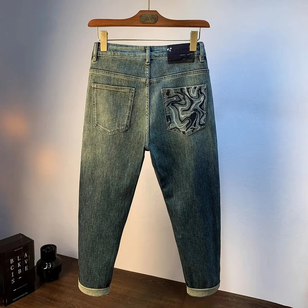 美式复古个性刺绣牛仔裤男2025夏季新款直筒休闲裤潮牌修身长裤子